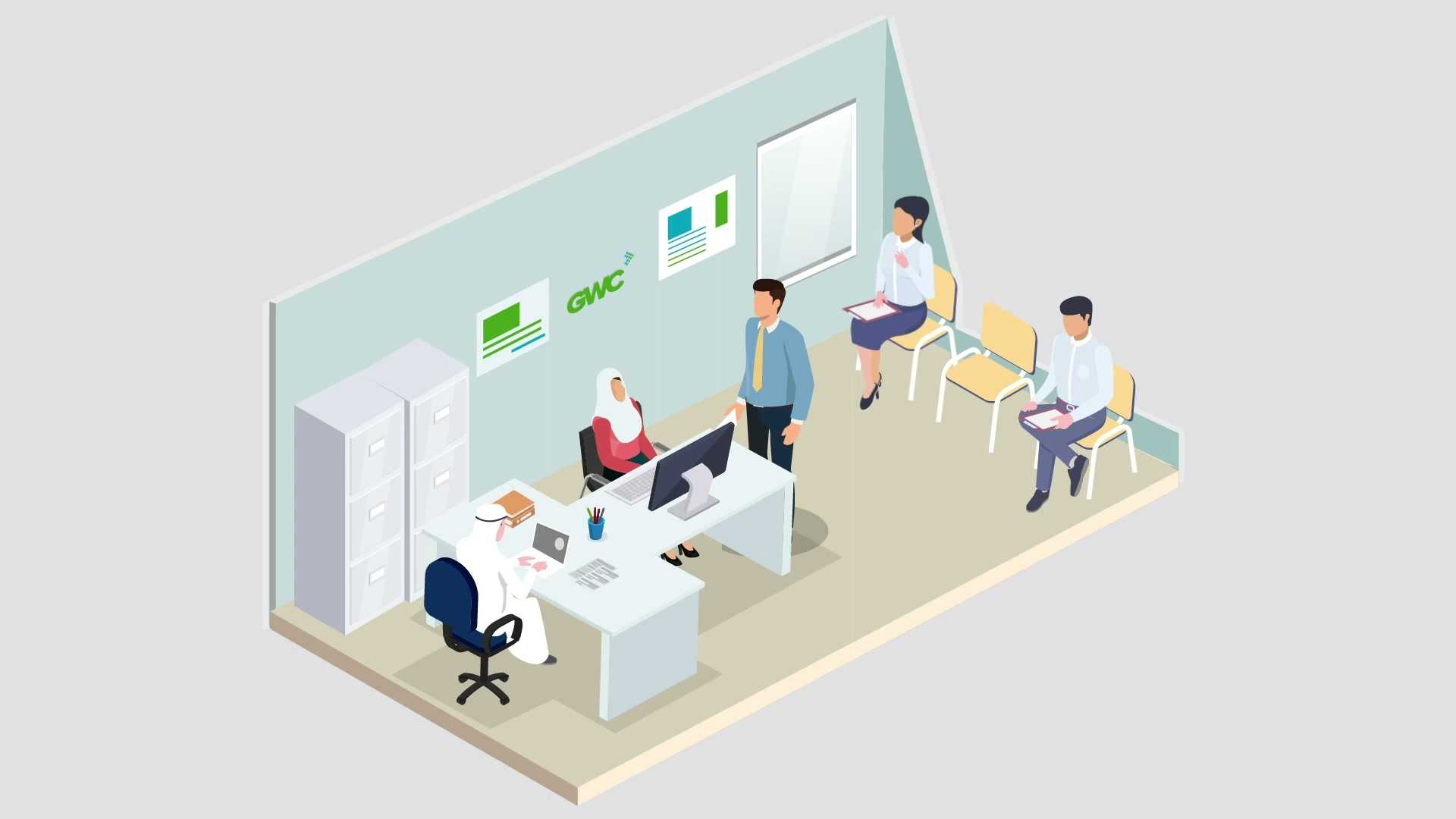Scene from the film: staff and visitors in a GWC office.
