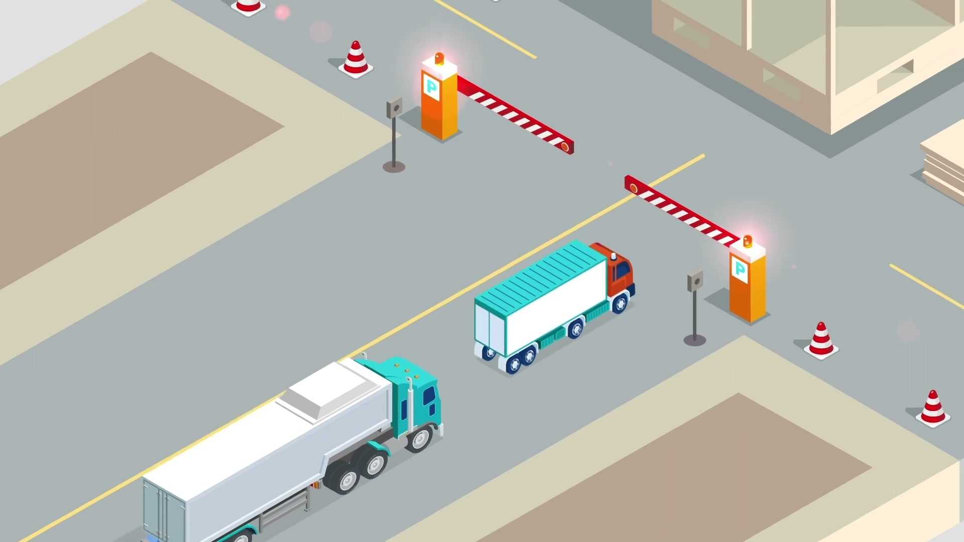 Scene from the film: trucks queuing at the park barrier.