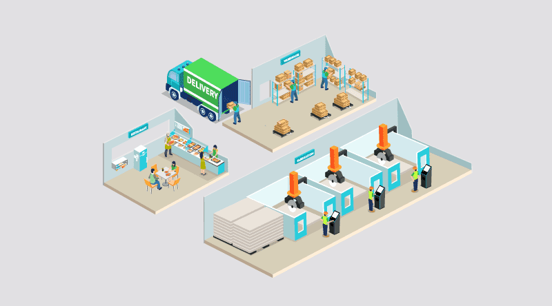 Style frame from the GWC explainer: isometric workshop, warehouse and showroom interiors.